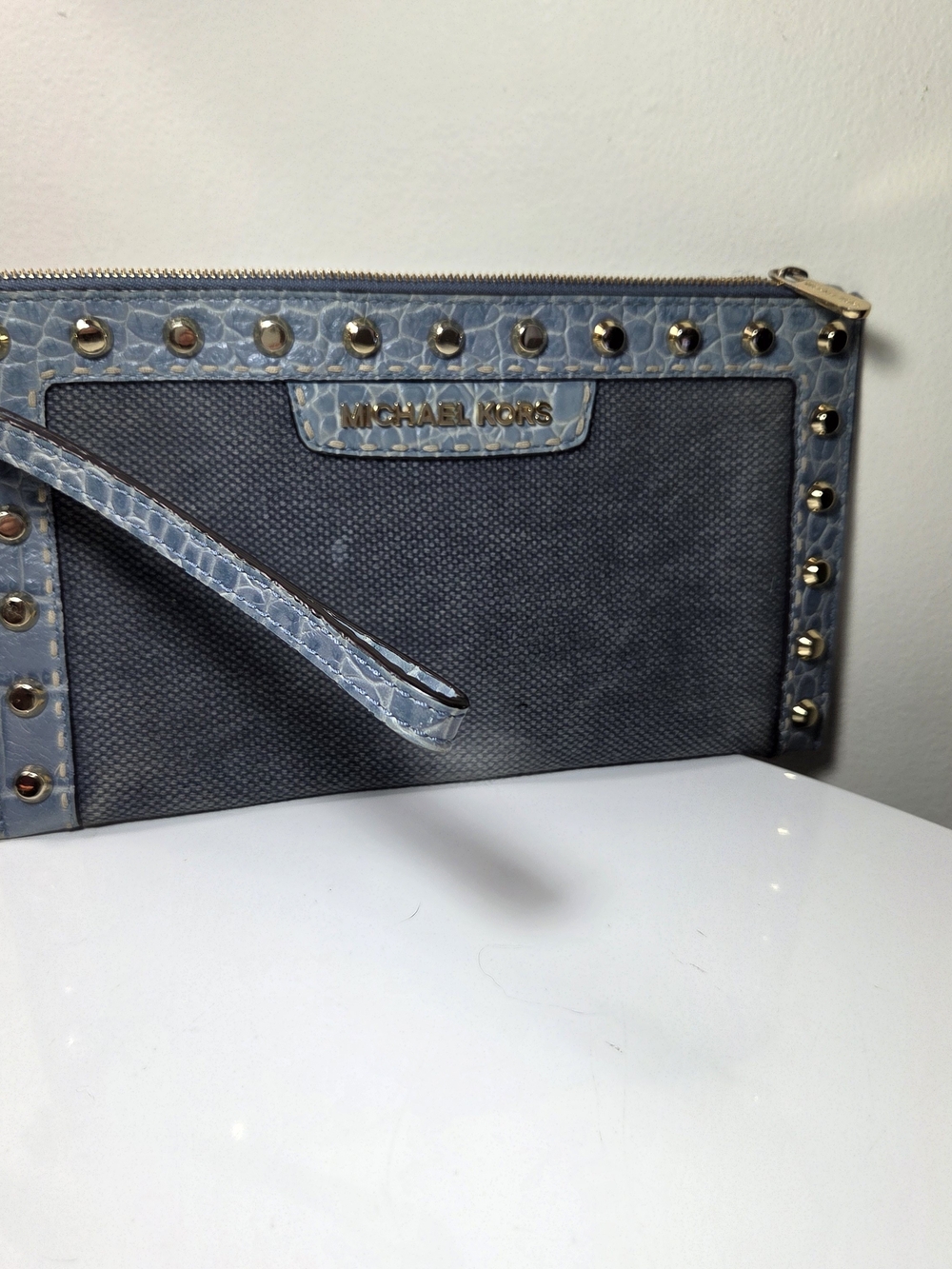 Michael Kors Blue Studded Wristlet Clutch